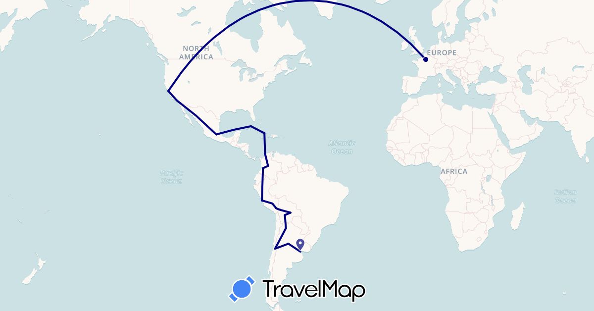 TravelMap itinerary: driving in Argentina, Bolivia, Chile, Colombia, Cuba, France, Mexico, Peru, United States (Europe, North America, South America)